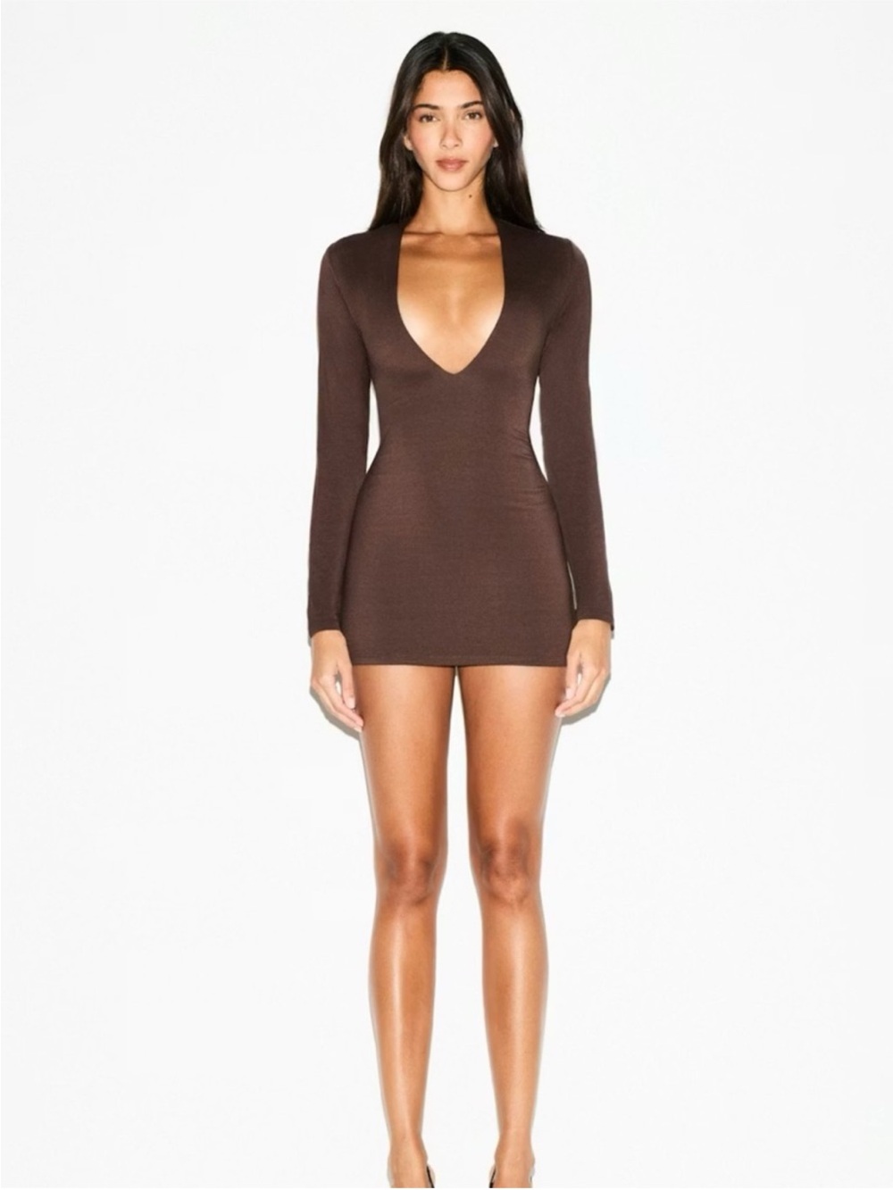 SKIMS NWT Smooth Layers Plunge Mini Dress - Espresso